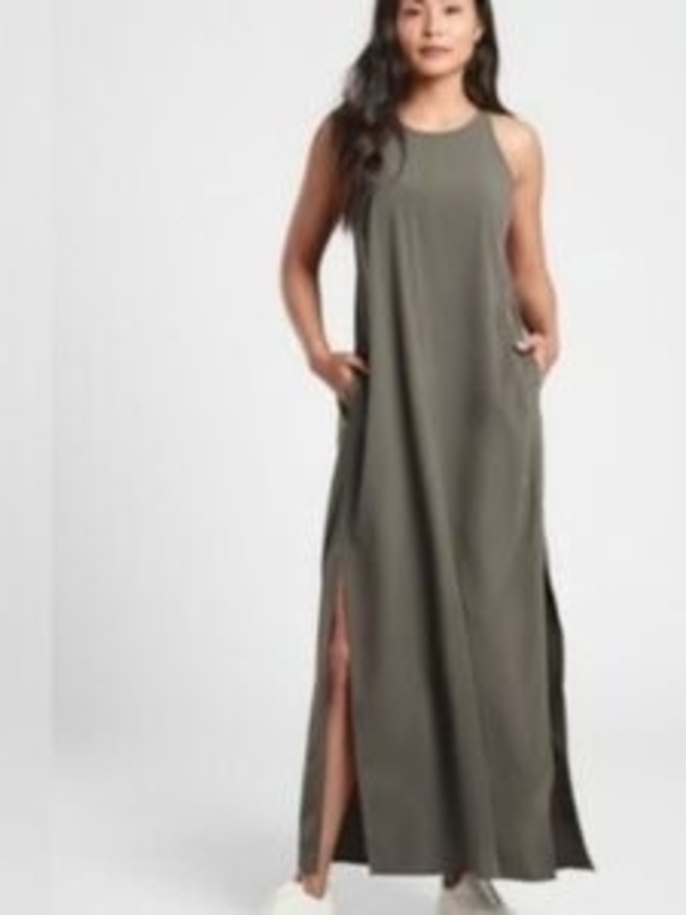 Sleeveless Olive Green Maxi Dress with Side Slits